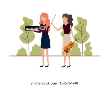 women with musical instruments in landscape