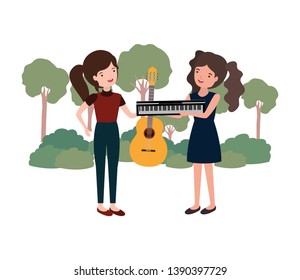 women with musical instruments in landscape