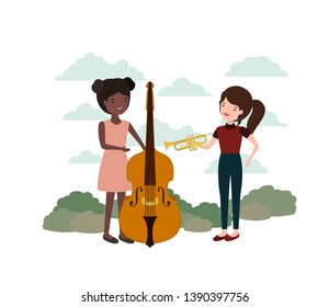 women with musical instruments in landscape