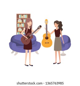 women with musical instruments in living room