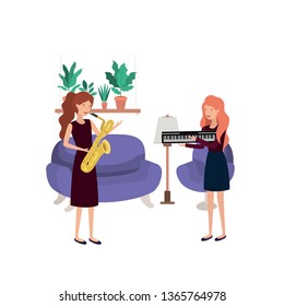 women with musical instruments in living room