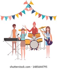 women with musicals instruments on white background