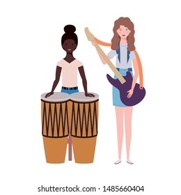 women with musicals instruments on white background