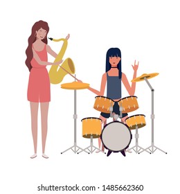 women with musicals instruments on white background