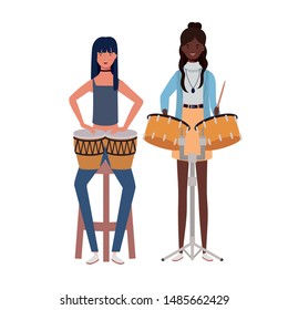 women with musicals instruments on white background