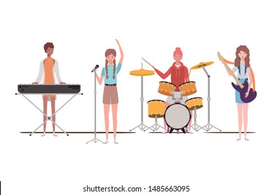 women with musicals instruments on white background