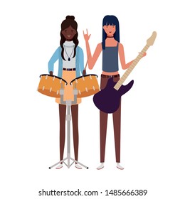 women with musicals instruments on white background