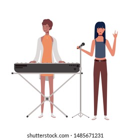 women with musicals instruments on white background