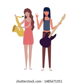 women with musicals instruments on white background
