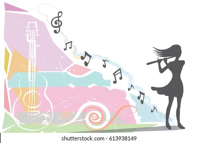 Women musician playing a flute in mini concert. Drawing of a doodle guitar and music notes or melody on abstract bohemian background. Silhouette vector style.