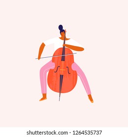 Women musician playing violoncello cartoon funny illustration in vector. Women professions collection.