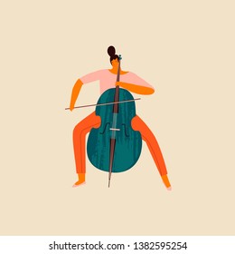 Música femenina tocando caricatura violoncello ilustración graciosa en vector. Colección de profesiones femeninas.