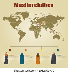 Women in muslim clothes on world map. Color flat infographics. Vector illustration.
