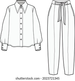 women narrow collar bishop sleeve blouse and knotted waist formal pant flat sketch vector illustration 