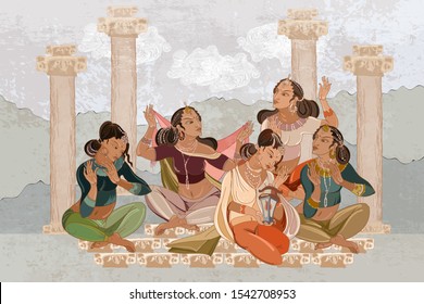 Women in national national ethnic clothes. East murals. Scheherazade tell fairy tales in night. Beautiful indian girls in harem. Culture of India. Arabic frescos. Fashion islamic princesses 