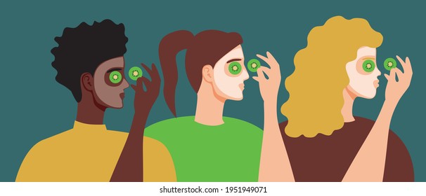 Women with natural face mask cruelty free. Flat vector stock illustration. Different ethnic group. Beauty skin care without cruelty. Cosmetic mask or eco cream. Free skin care. Isolated illustration