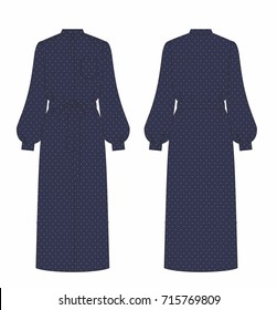 Women navy long dress with dots. Fashion vector illustration