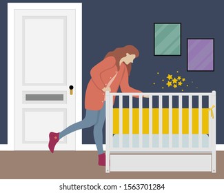 Women near baby crib. Mother taking care of newborn baby in cradle. 
Children room. Vector illustration in flat style