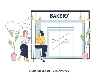 Women near bakery shop. Young girls sitting near store with desserts and delicacies. Cafe and catering service. Small urban business. Linear vector illustration isolated on white background