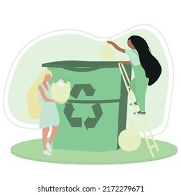 Women near big container with trash on white background. Recycli