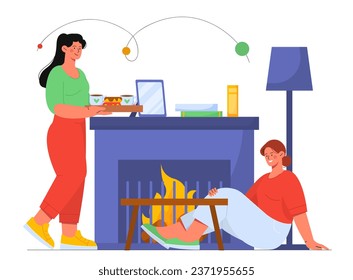 Women near fireplace concept. Young girls near bonfire. Friends spend time together indoor at winter. People at Christmas and New Year party with hot drinks. Cartoon flat vector illustration
