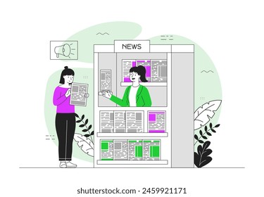 Women near newsstand simple. Young girl buying newspaper in kiosk. Customer and seller with information. Mas media and journalism. Doodle flat vector illustration isolated on white background