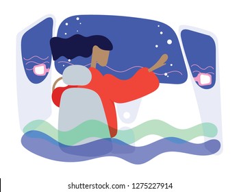 Women need help When the car fell into the water. cartoon vector illustration.