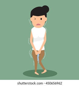 women needing to urinate and holding a toilet . pee concept. vector illustration.