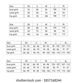 Women new European system clothing standard body measurements for different brands, style fashion lady size chart for site, production and online clothes shop. XS, S, M, L, XL, bust, waist, hip girth