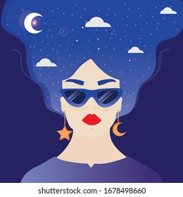 Women in night vector illustration. Nature people art vector.