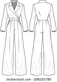 Women Notch Collar Weight Leg Jumpsuit, Peak Lapel Collar Jumpsuit Front and Back View. Fashion Illustration, Vector, CAD, Technical Drawing, Flat Drawing.	