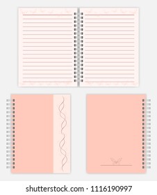 Women notebook design: spread, front and back cover. Spiral bound ladies notepad mockup. Silver metal spring diary with lined pages, vector mock-up