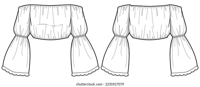 Dibujo de la ilustración de la moda con vista frontal y posterior de la blusa de la parte superior del dibujo del dibujo de la moda de la parte superior del dibujo de la parte delantera y trasera del dibujo. fuera del hombro Crop top blouse con plantilla de vector de dibujo del manguito de campana