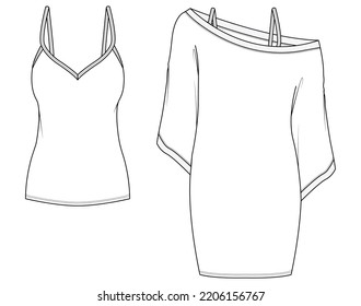 women off shoulder oversized slash neck baggy t shirt top flat sketch vector illustration template. cad mockup.