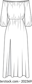 women off shoulder slit dress with bishop sleeve flat sketch vector illustration