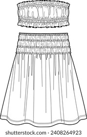 women off shoulders smocking top and smocking A line flowy skirt,set fashion vector,cad	
