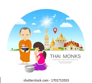 Women offering alms to Thai monks, on thailand Place of respect for faith architecture design background, illustration