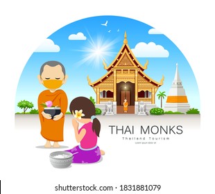 Women offering alms to Thai monks put face mask, on thailand temple pagoda cloud and sky design background, vector Eps 10 illustration