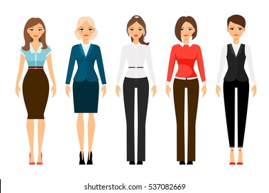 Women In Office Dress Code Clothes Icons On White Background. Vector Illustration.