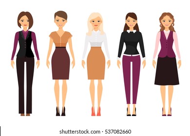 Women in office dress code in violet and beige colors on white background. Vector illustration.