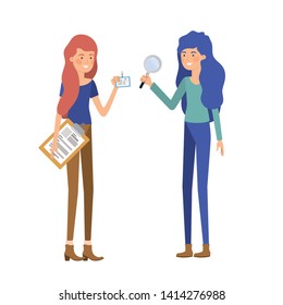 women with office objects in white background
