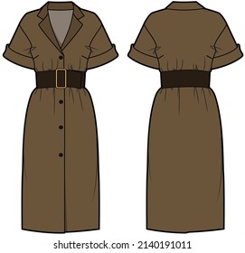 Women Office Wear Dress, Notch Lapel Collar Knee Length Dress with Belt Front and Back View fashion illustration, Vector, CAD, technical drawing, flat drawing.