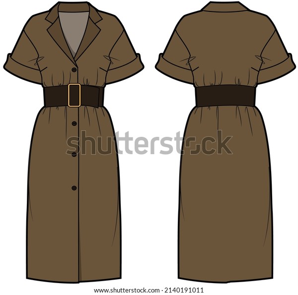 Women Office Wear Dress, Notch\
Lapel Collar Knee Length Dress with Belt Front and Back View\
fashion illustration, Vector, CAD, technical drawing, flat\
drawing.