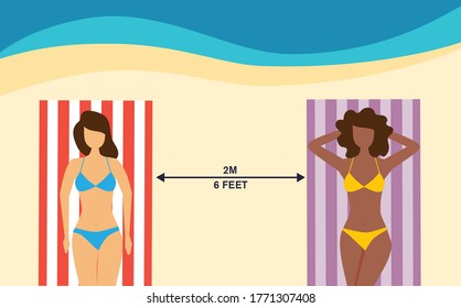 women on the beach practicing social distancing,summer time vacations, vector illustration