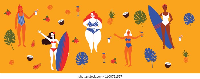 Women on the beach with surfboards enjoy. Women from different ethnicity in swimsuits celebrate diversity. Horizontal flat vector illustration with fruits and luxurious plants for facebook post.