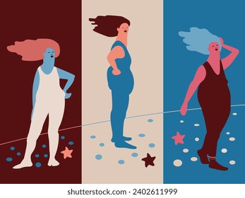 Women on the beach. Three big beautiful ladies in bathing suits look something like mermaids. Collection of funny vector illustrations.