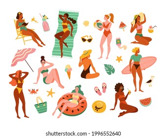 Women on a beach. Vector illustration of young cartoon diverse women in swimsuits in different actions: in the swim ring, sunbathes, with a surfboard, and reading, surrounded by beach accessories