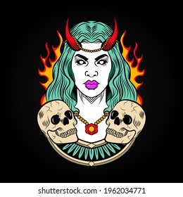 women on fire with skull vector illustration for tshirt design