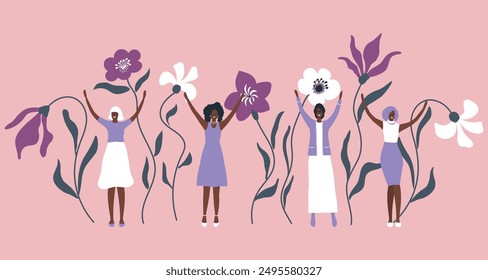 Women on Flowers Background. International Women's Day concept. Women's community. Four Beautiful Women Stand With Different Flowers. Vector Illustration in Pink, Purple, White, Gray Colors