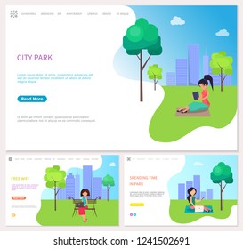 Women on the grass using laptop and phone, spending time in city park. Girl in office style sitting on the bench with laptop near free wifi zone vector